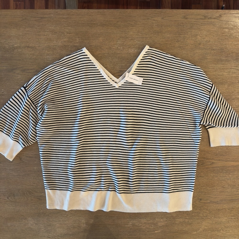 NEW LANE BRYANT 3/4 Sleeve Cotton V-Neck Sweater-Black & White Stripe-Size 22/24